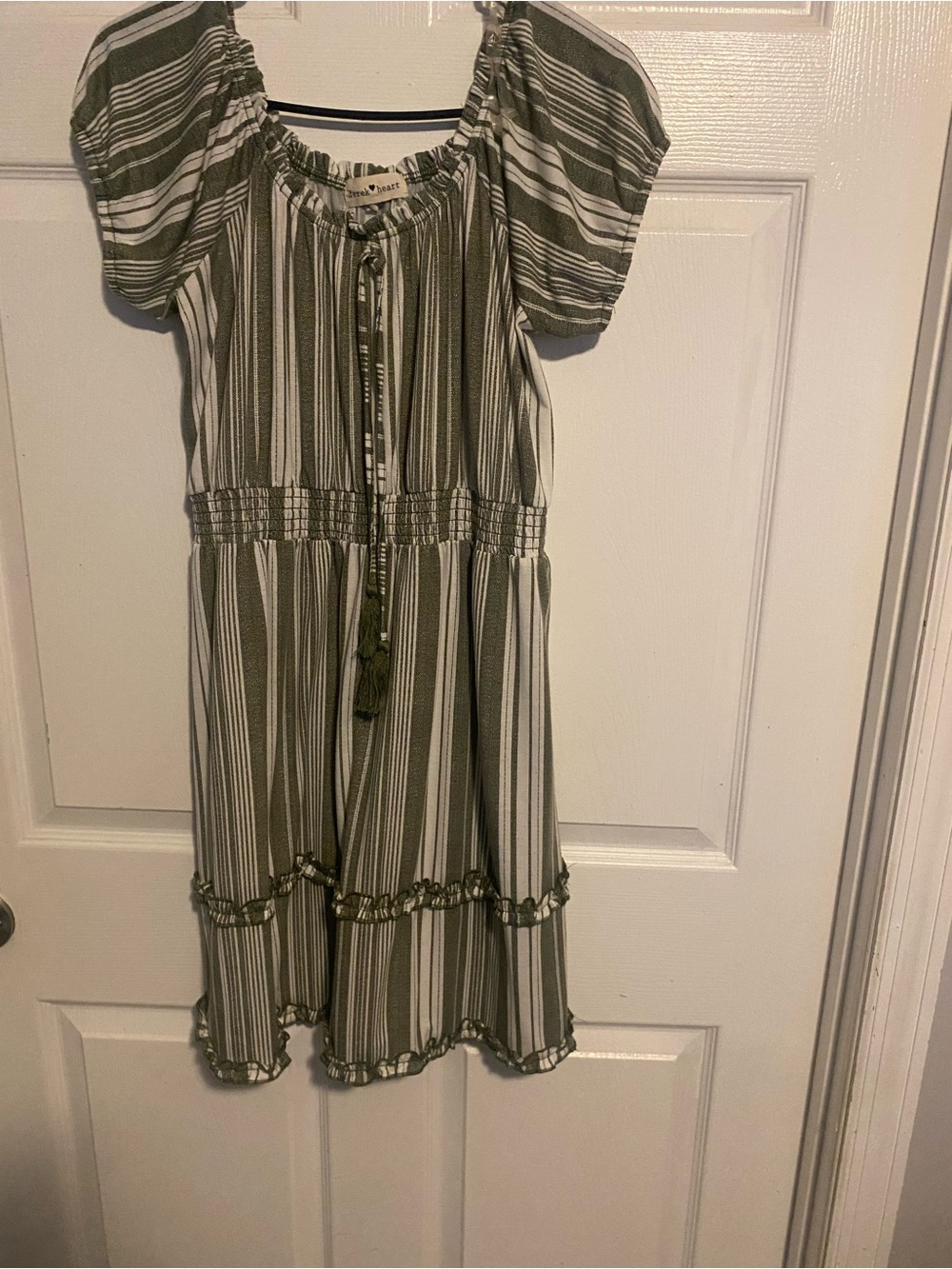 Derek Heart Olive and White Striped Peasant Dress
